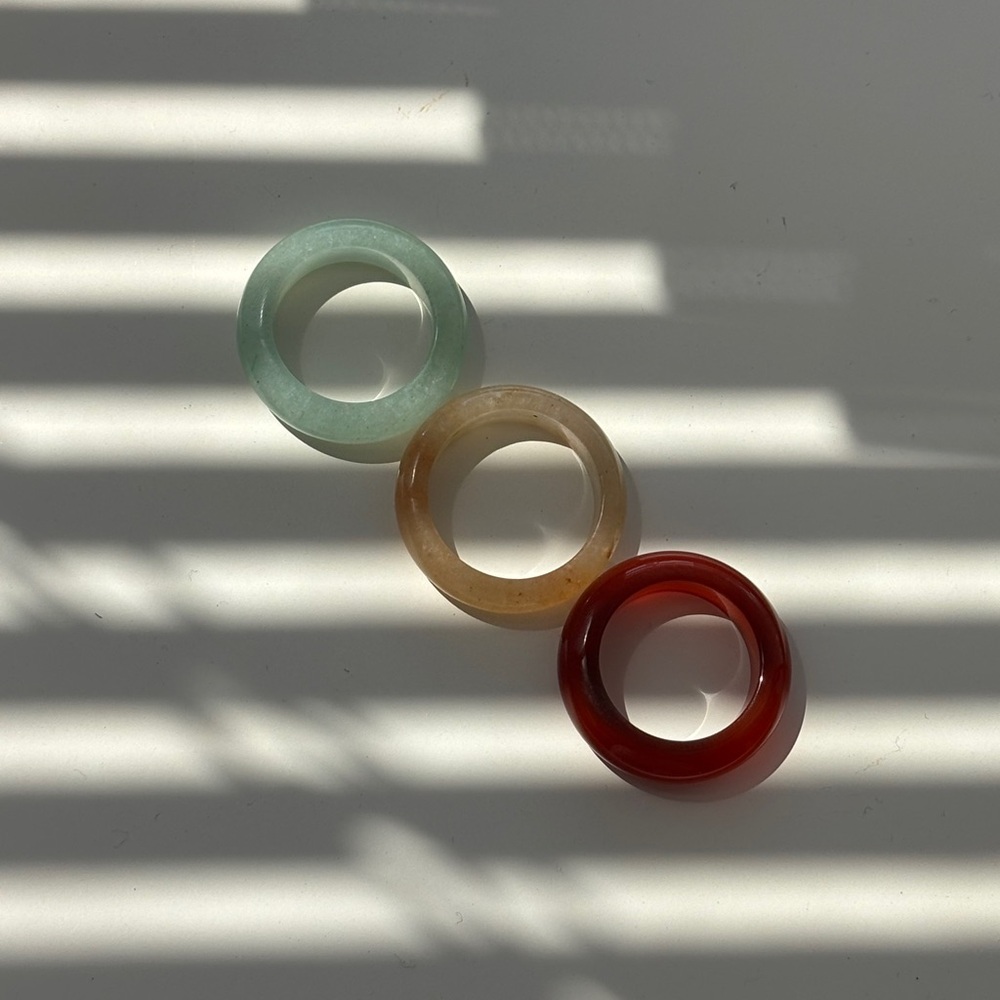 Stone Trilogy Stack Yellow Jade Red Agate Aventurine Ring Set Of 3 Bands, Size 7 - Picture 2 of 9